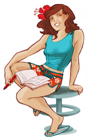 A cartoon girl holding a notebook and pen sitting on a stool